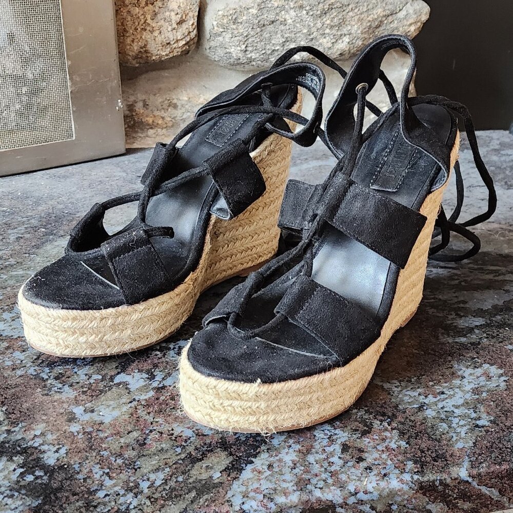 Forever 21 Black Faux Suede Wedge Espadrille Sandals Size 7 - Picture 4 of 16